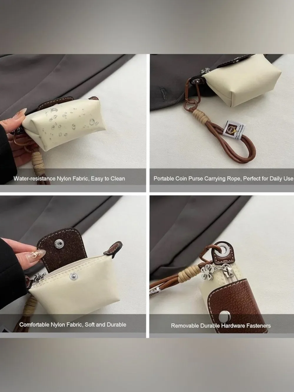 Longchamp Mini Style Black Canvas Women's Pouch Brown Leather Trim Flower Charm